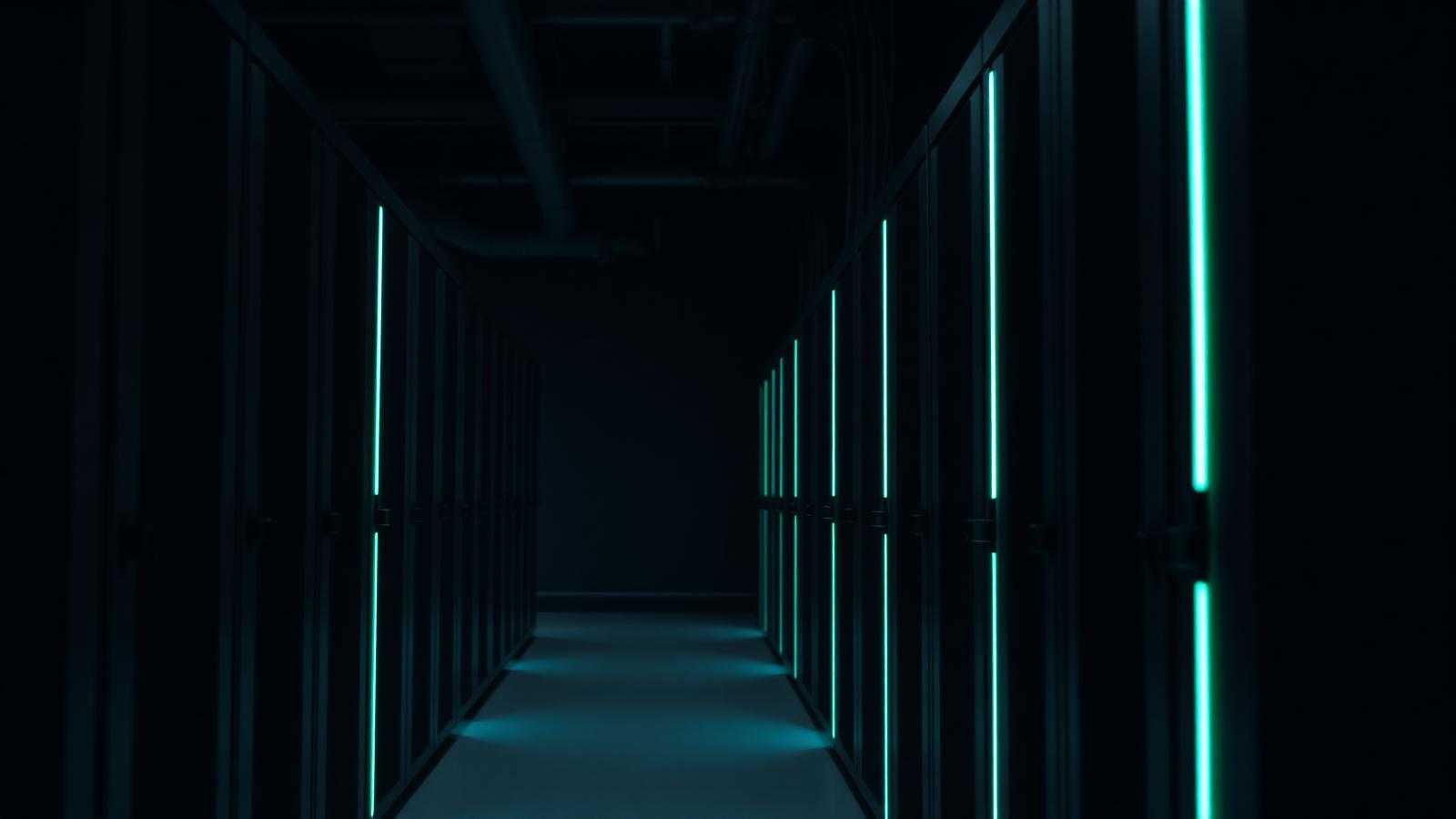 Row of battery energy storage cabinets with status lighting