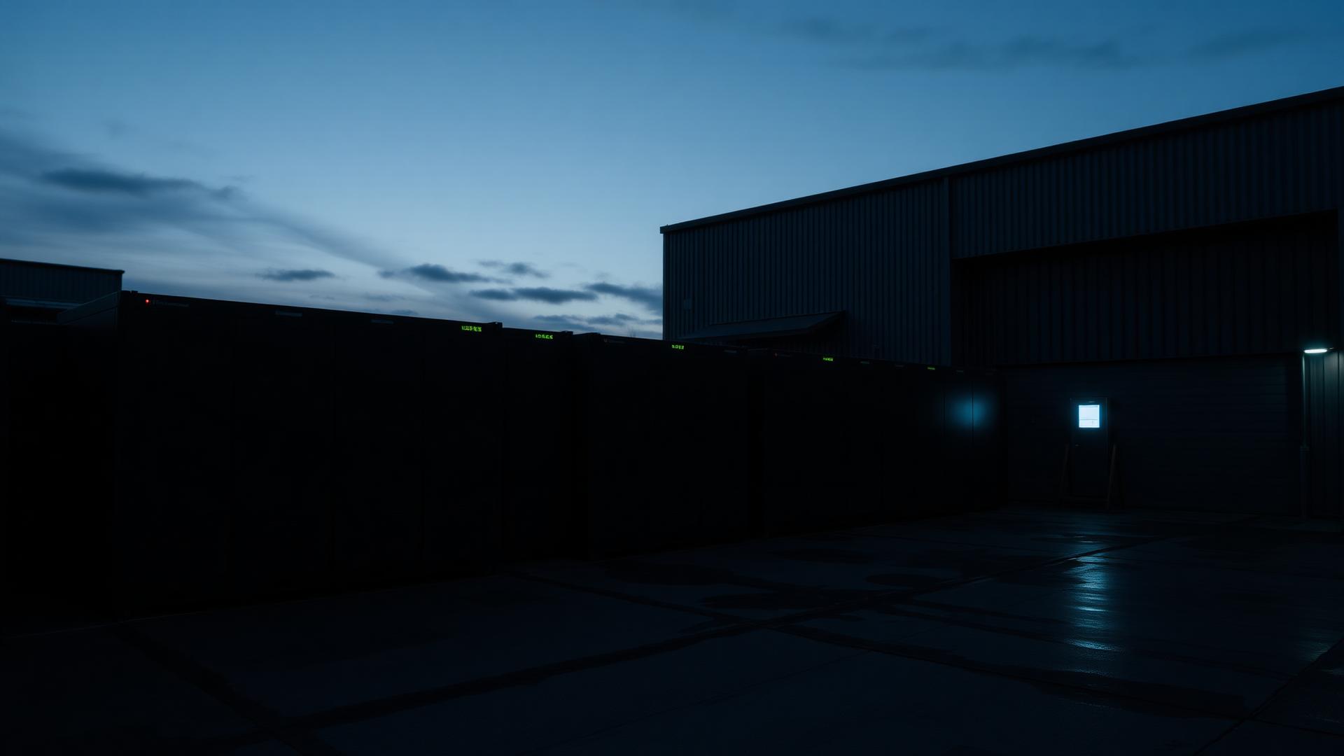 Behind-the-meter battery energy storage cabinets at a commercial facility at dusk